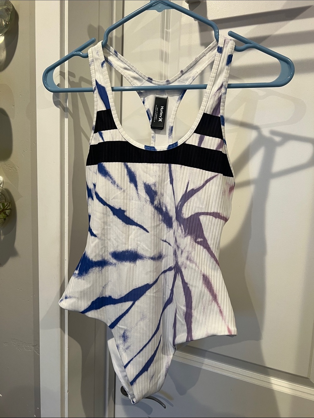 Hurley White Ribbed Tie-Dye Swimsuit with Blue, Purple & Black Accents